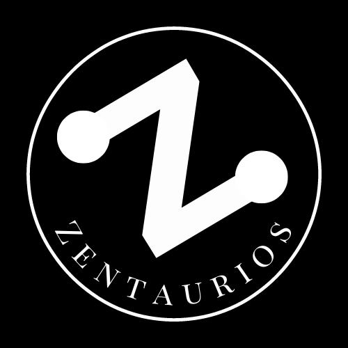 Zentaurios Logo Black and White. White Z, black background, zentaurios in white under the z.