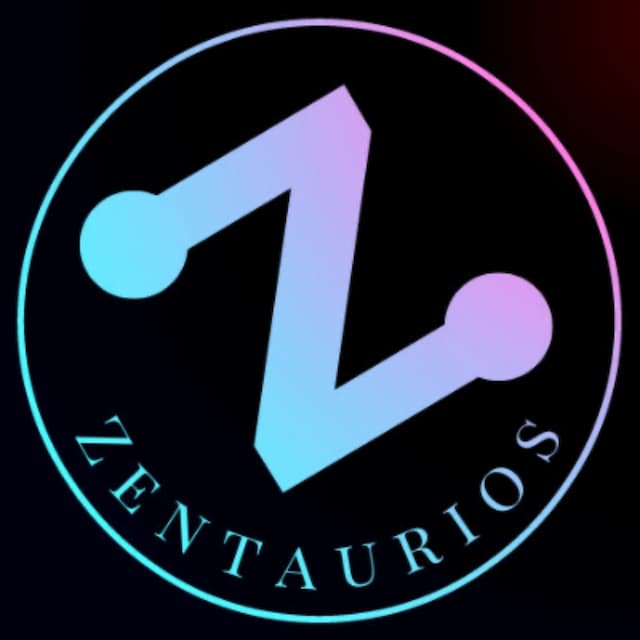 Zentaurios logo black background with the colors of the Z and Zentaurios word fading from blue on the left to pink on the right.
